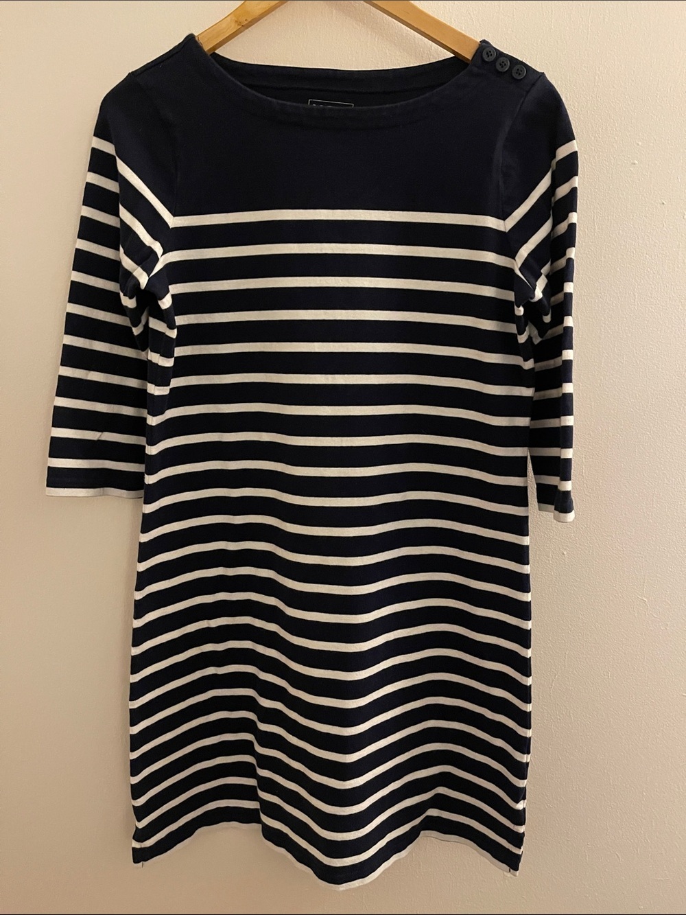 L.L.Bean Navy White Striped Knit Dress Medium Petite Boat Neck Nautical Cotton